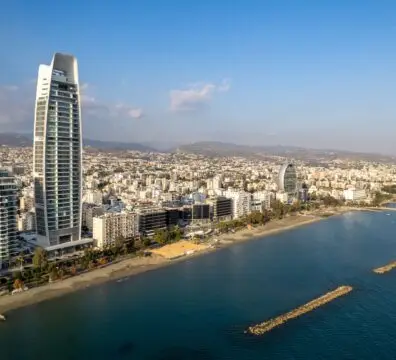 Drone aerial view of coastal area of Limassol city in Cyprus Europe